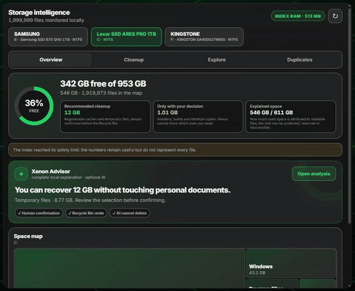 Tapping through the disk space map, then the protected cleanup plan