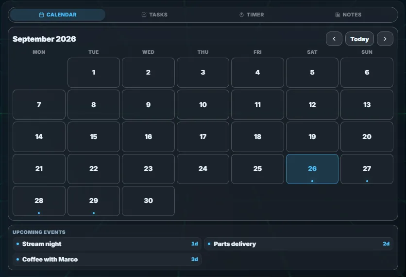 The Agenda tile on the Calendar tab: a month grid for September 2026 and three upcoming events, with Tasks, Timer and Notes tabs above