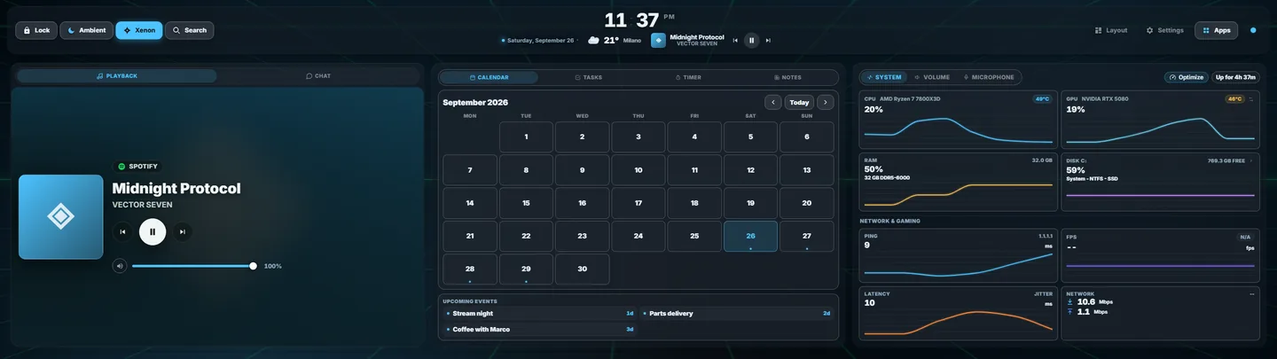 The Xenon dashboard at the Xeneon Edge's 2560×720 size, with music, a calendar and system readings side by side