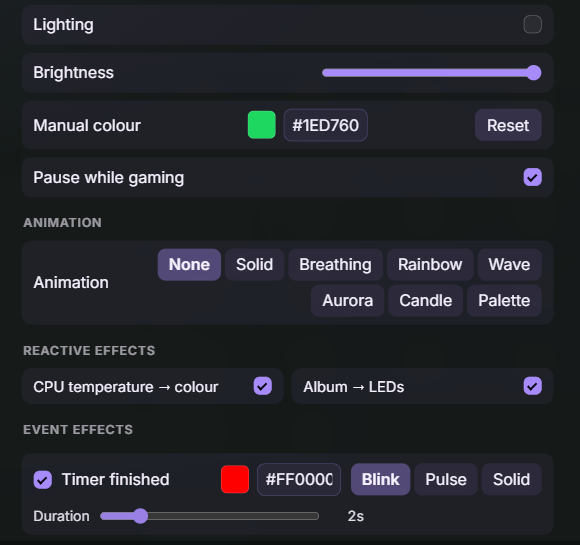 Xenon lighting controls: animations, CPU temperature to colour, album art to LEDs
