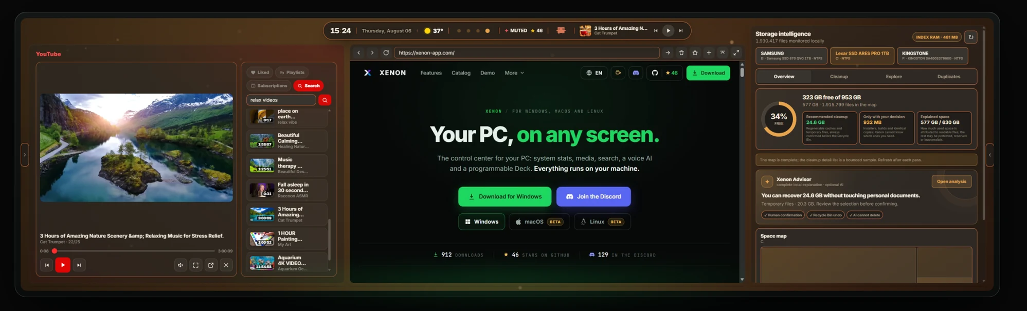One Xenon dashboard at 32:9: a YouTube player with its playlists, a browser tile, and the disk space map with cleanup suggestions