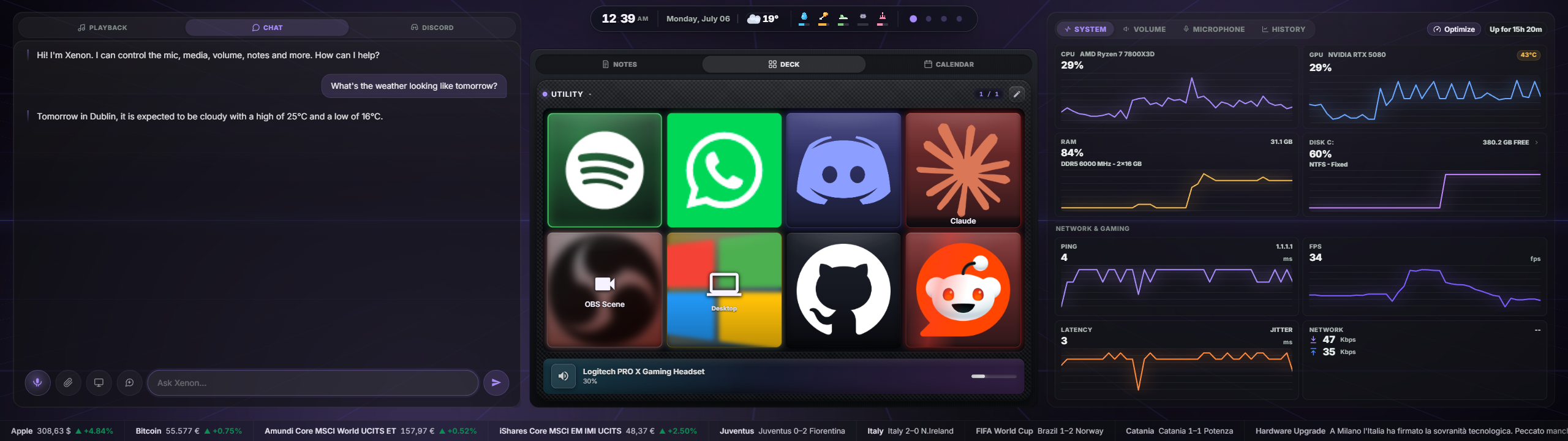 The Xenon dashboard running at 2560×720 on the CORSAIR Xeneon Edge